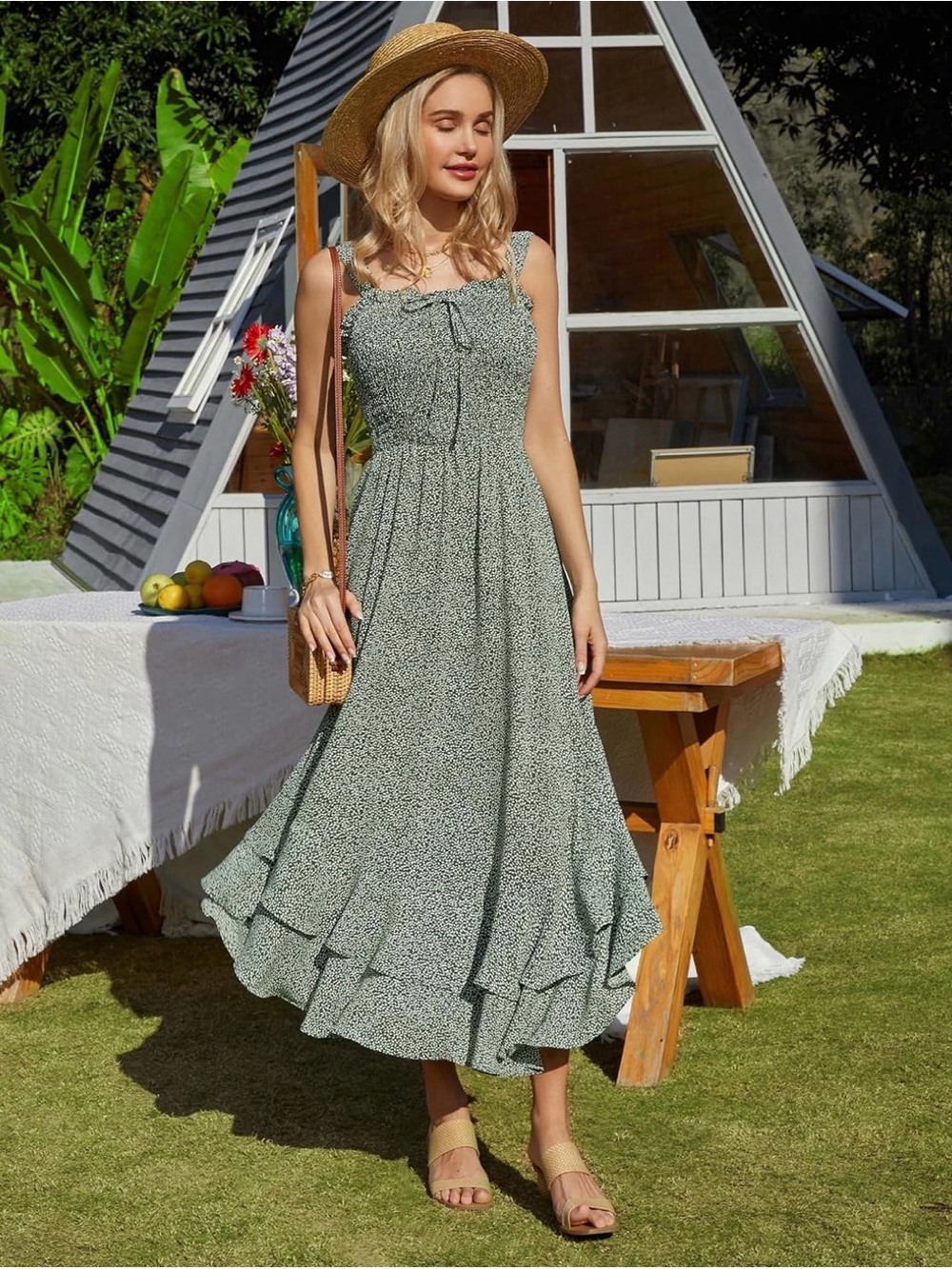 Grace Karin Smocked Tiered Maxi Dress in Sage Green size L
